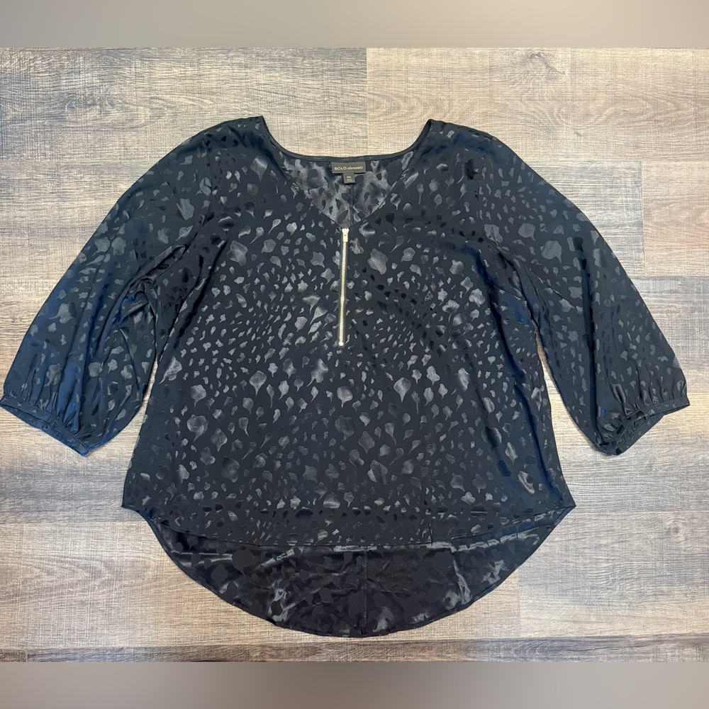 Bold Elements Black Animal Print 3/4 Sleeve Blouse With Gold Zipper Size XXL
